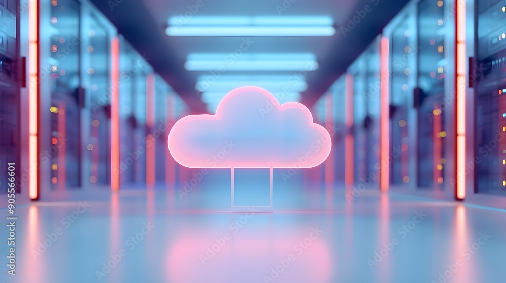 Poster modern data center with cloud computing symbol. neon lights and servers reflecting futuristic techno