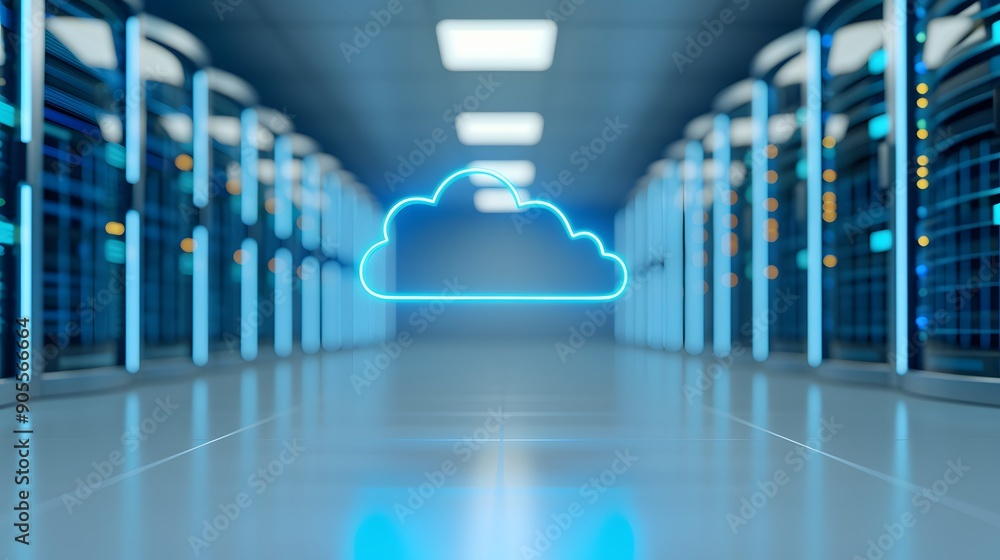 Poster modern data center with cloud computing symbol, representing digital storage and internet technologi