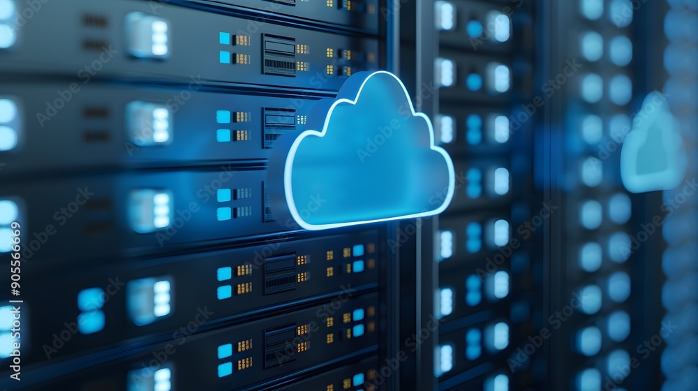 Poster modern data center with cloud computing technology concept. server racks with illuminated cloud icon