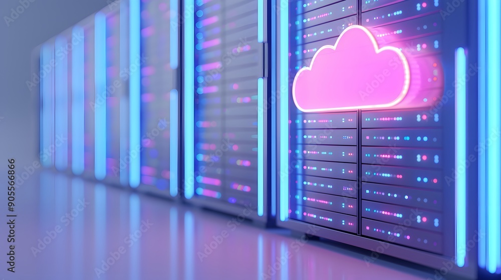 Poster modern data center with glowing cloud icon. concept of cloud computing, data storage, and digital in
