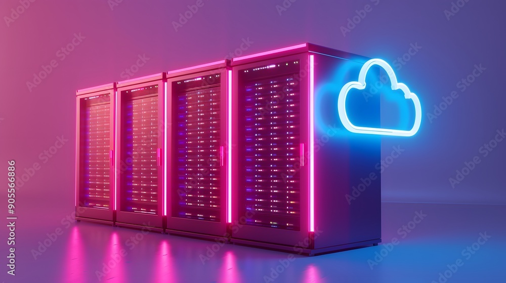 Poster Modern data center with glowing neon cloud icon, representing cloud computing and data storage technology.