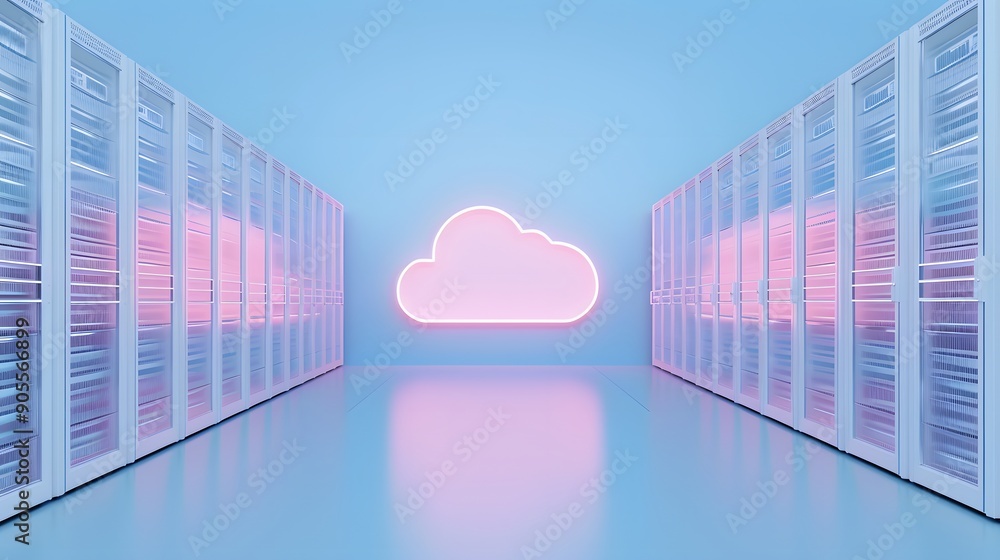 Poster modern data center with glowing pink cloud icon, symbolizing cloud computing and data storage soluti