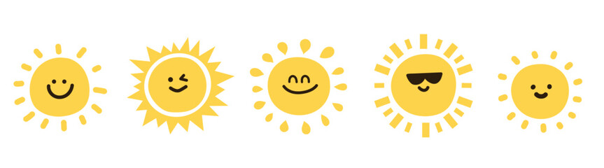 Funny smiling sun set, various emotions, flat simple vector illustration. Cute summer sunshine emoji collection, doodle style