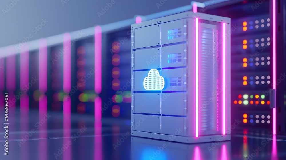 Poster modern data center with illuminated server racks and cloud technology integration for efficient data