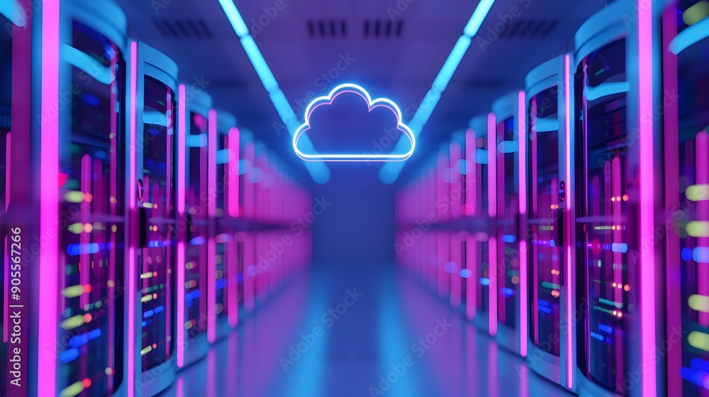 Poster modern data center with neon lights and cloud icon, symbolizing cloud computing and advanced technol
