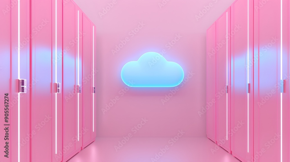 Poster modern data center with pink servers and glowing cloud symbol, representing cloud computing and data
