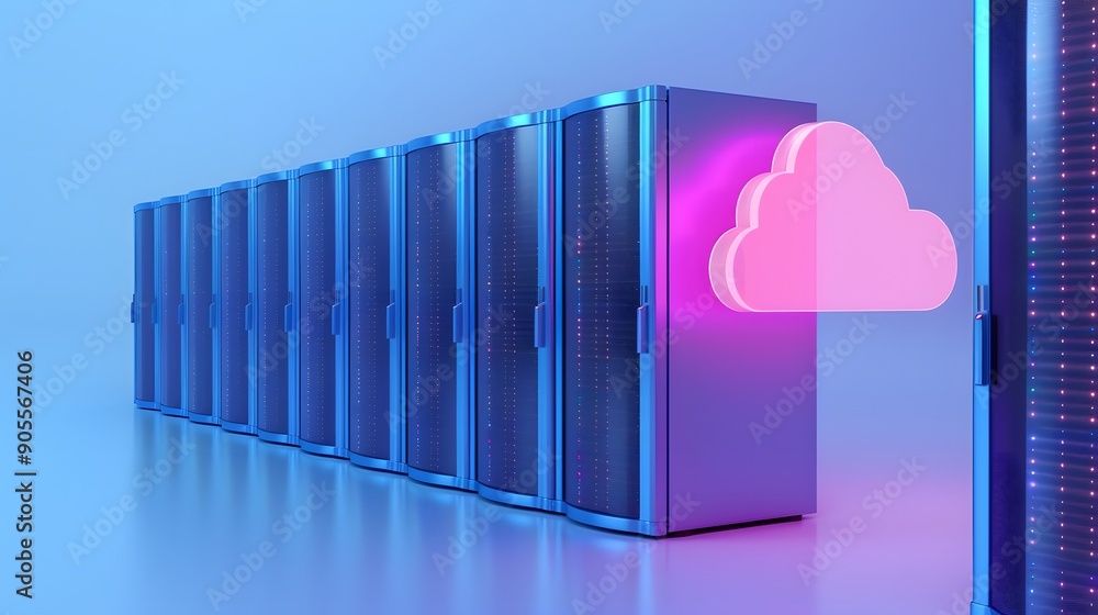 Poster modern data centers with cloud technology. row of server racks and a glowing pink cloud icon. futuri