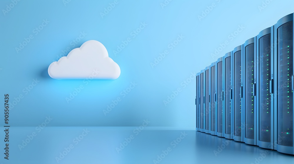 Poster modern data server room with cloud computing concept. blue background showcasing digital storage and