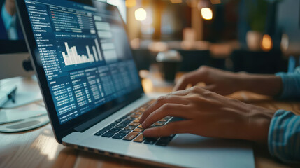 Close-up of a marketer working on a laptop, analyzing online ad campaigns and performance metrics with a graphical data interface. Digital marketing and internet ads concept.