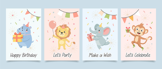 Childrens cute greeting card set. Birthday party animals with gift boxes, cake, party hats and balloons. Illustration, templates, postcards collection