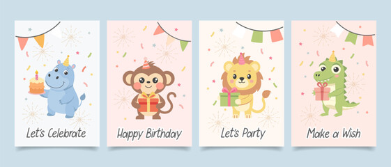 Childrens cute greeting card set. Birthday party animals with gift boxes, cake, party hats and balloons. Illustration, templates, postcards collection