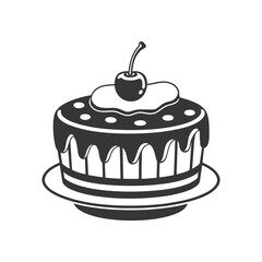 Cherry cake on white background, engraving, silhouette. Black and white illustration of dessert, pastry, food icon