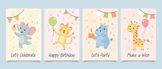 Childrens cute greeting card set. Birthday party animals with gift boxes, cake, party hats and balloons. Illustration, templates, postcards collection