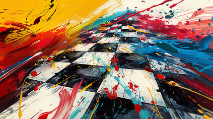 checkered flag wallpaper art vibrant splash of paint, background about race, finish race flag, racing concept art with brush strokes