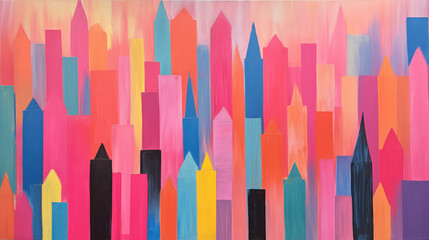 Vibrant naive art depicting colorful city skyline at daytime