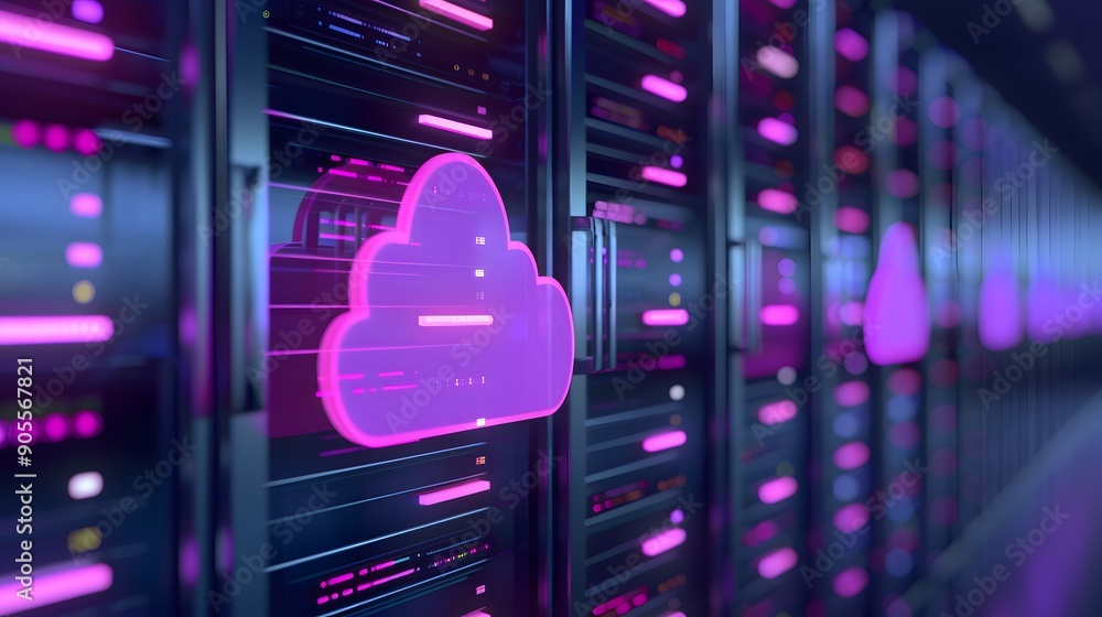 Poster modern server room with vibrant purple lighting, focusing on cloud computing and data storage techno