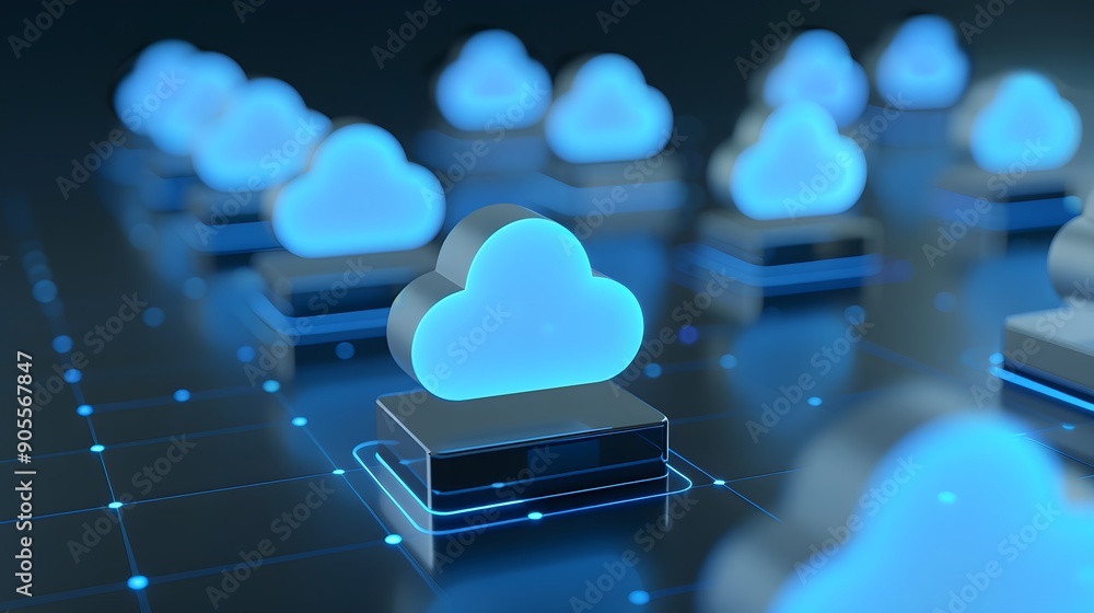 Poster multiple blue cloud icons on a digital grid representing cloud computing, online storage, or digital