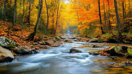 A stream in a forest, close up, colorful fall