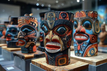 Vibrant Indigenous Art Exhibition Featuring Tiki Masks in a Modern Gallery Space