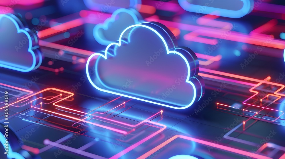 Poster neon cloud computing concept art with glowing lines, representing modern technology and data storage