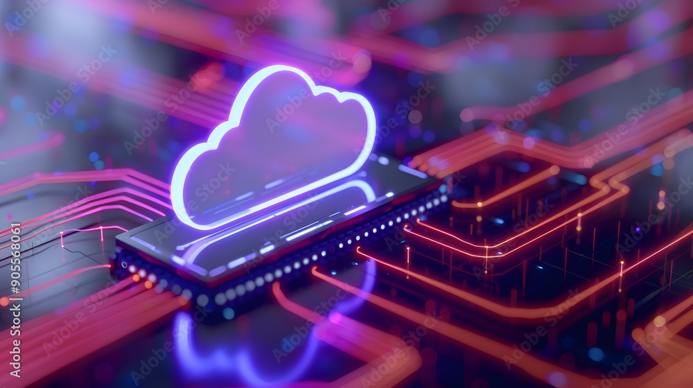 Poster neon cloud computing concept. glowing cloud icon on a circuit board demonstrating modern digital dat