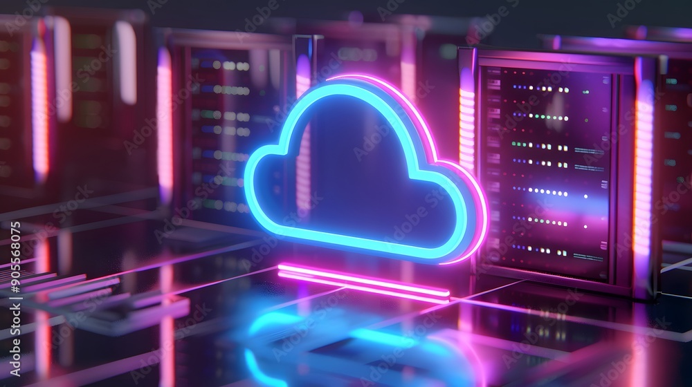 Aufkleber neon cloud computing concept with data servers in a futuristic setting symbolizing digital storage a
