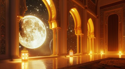 Moonlight shining through a window into the interior of an Islamic mosque Ramadan Kareem Islamic background 3D render illustration