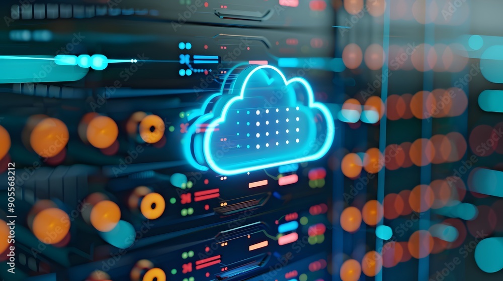 Poster neon cloud computing symbol over data server rack in modern data center, representing digital storag