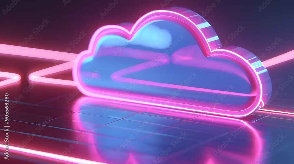 Poster neon cloud icon glowing in a futuristic setting, representing technology, cloud computing, and data 