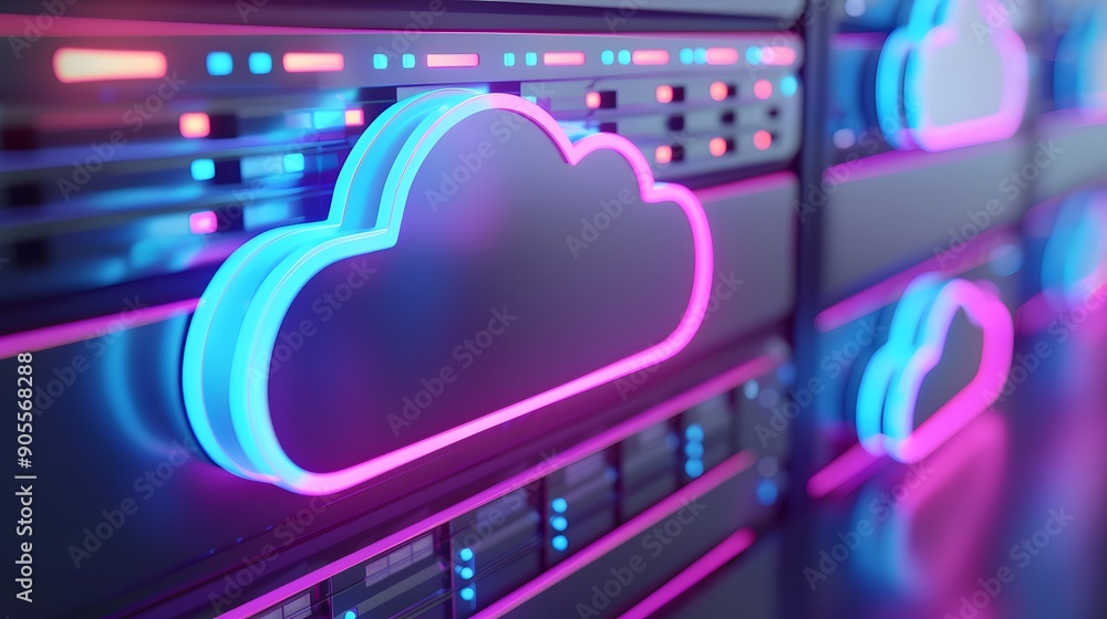 Poster neon cloud icon glowing on a modern server rack, symbolizing cloud computing, technology, and digita