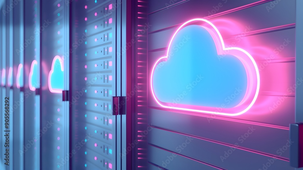 Poster neon cloud icon glowing in a modern data center. concepts of cloud computing, data storage, digital 