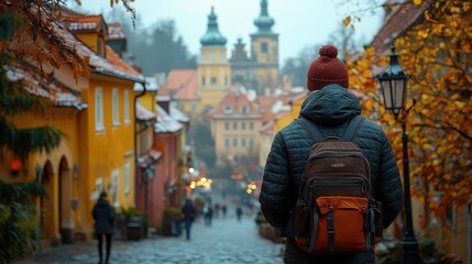Solo Traveler Exploring the Historic Streets of a Charming European City in Autumn