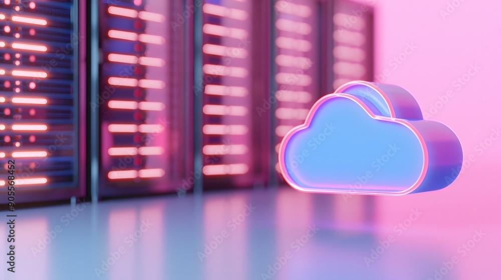 Poster Neon cloud icon in front of server racks, representing cloud computing and data storage technology in a modern data center.