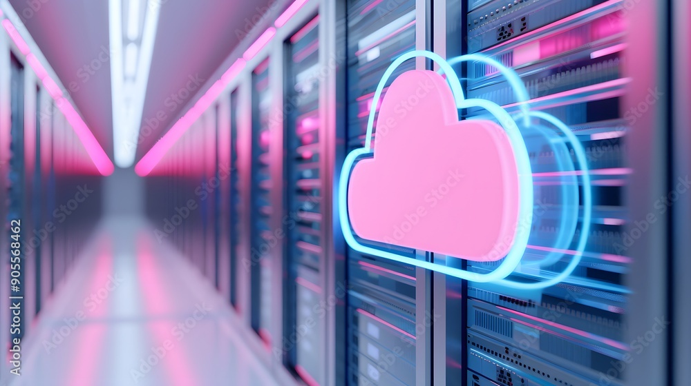 Poster neon cloud icon in modern data center server room, representing cloud computing, technology and data