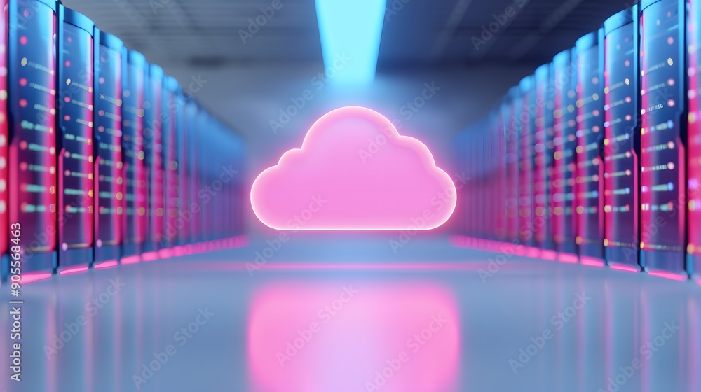 Poster neon cloud icon in futuristic data center. concept of cloud computing, data storage, and it infrastr