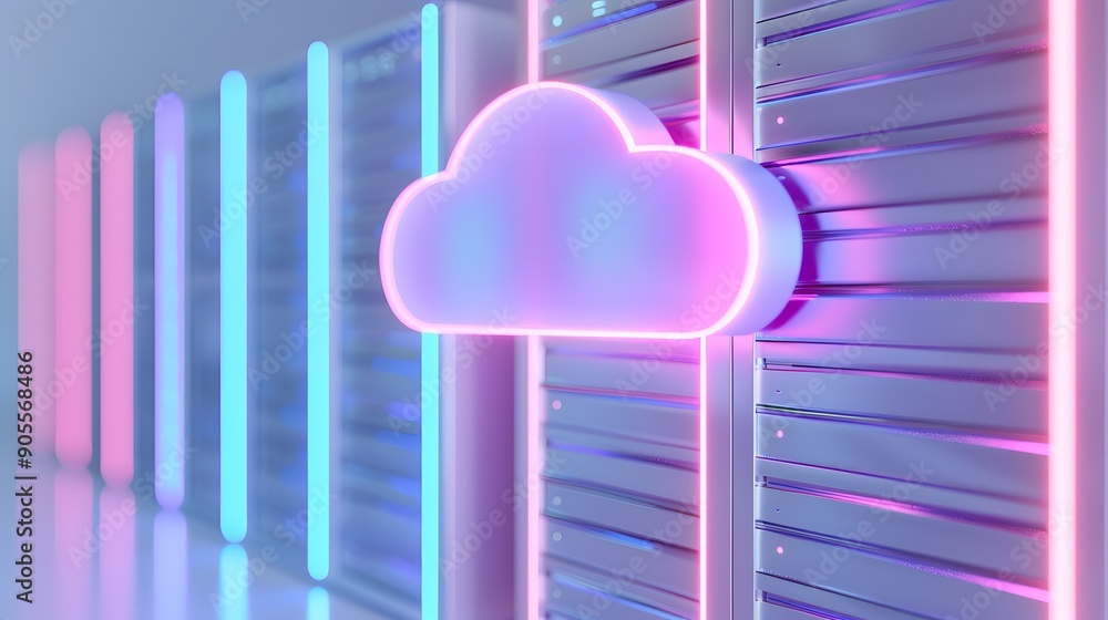 Poster neon cloud icon in modern data center with glowing server racks. concept of cloud computing, data st