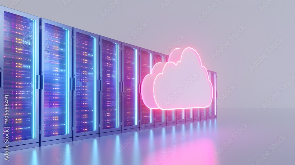 Poster neon cloud icon next to server racks in a data center, representing cloud computing and modern digit