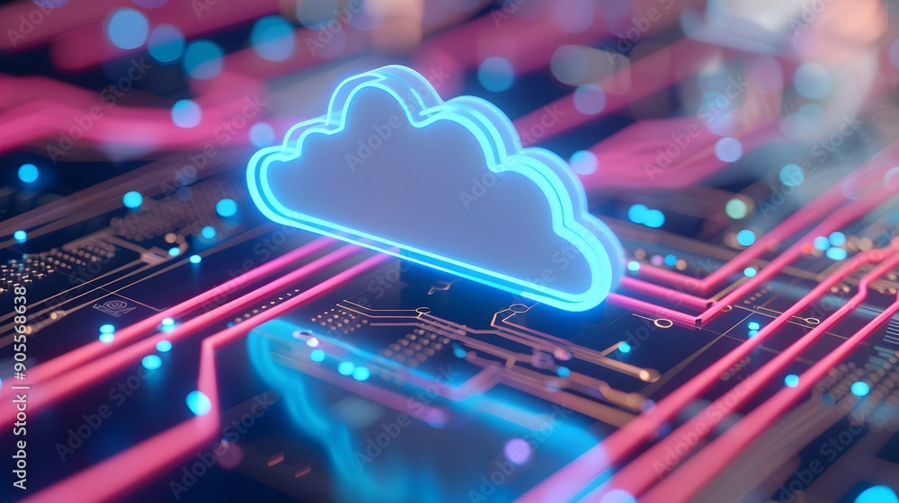 Poster neon cloud icon on a glowing circuit board, representing cloud computing and futuristic technology c