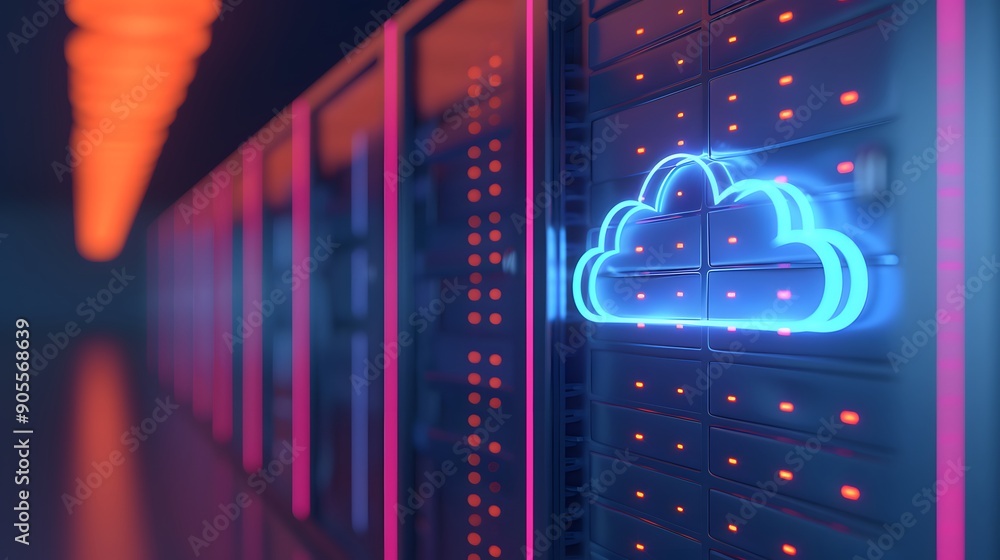 Poster neon cloud icon on a modern server rack in a data center, symbolizing cloud computing and data stora