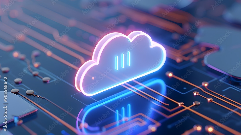 Poster neon cloud icon on a motherboard, representing cloud computing and data storage in technology, close