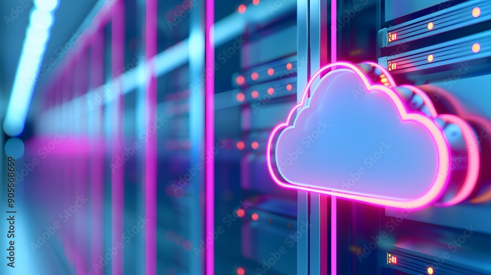 Poster neon cloud icon on server background representing modern cloud computing, data center technology, an