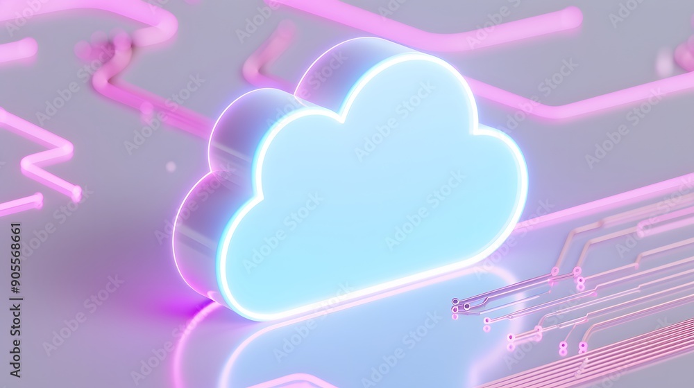 Poster neon cloud icon on futuristic circuit board, representing modern cloud computing technology and digi