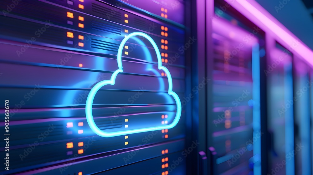 Poster Neon cloud icon on server rack in data center, representing cloud computing and data storage technology.
