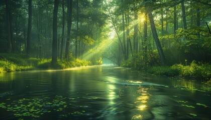 Fototapeta premium Serene Forest River with Sunlight Streaming Through Trees Creating a Tranquil and Mystical Atmosphere