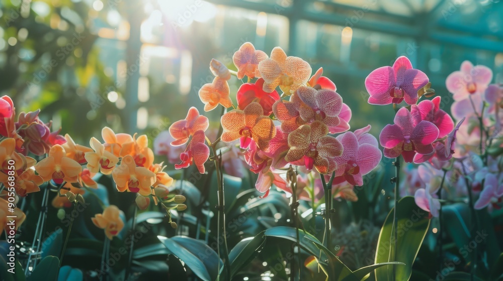 Poster a vibrant display of blooming orchids in various hues, illuminated by warm sunlight filtering throug