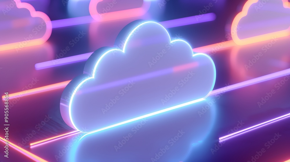 Poster neon cloud icons glowing in a futuristic digital environment, representing cloud computing and techn
