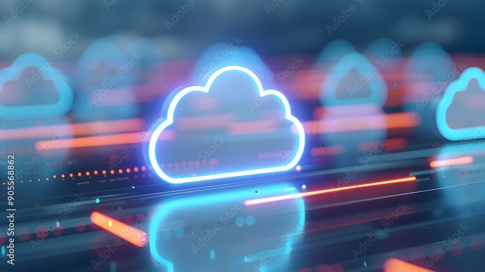 Poster neon cloud icons on a futuristic digital background, representing cloud computing technology and dat