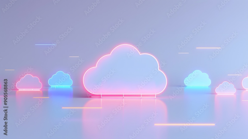Poster neon cloud icons in pastel background. modern, futuristic representation of cloud computing and tech