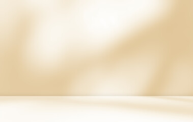 Obraz premium Empty brown cream beige orange room studio with shadow of leaves for product presentation. Autumn background. Summer tropical backdrop. Cosmetic showroom. 