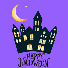 Halloween greeting card or  poster with haunted castle with glowing windows under a crescent moon and star on a purple background. Design template for spooky festive decoration advertising, web. 